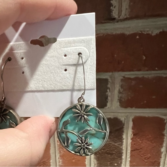 Silver Turquoise Dangle Earrings; TQ Disk Drop Earrings - Picture 7 of 9
